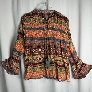 Karyn Seo Wov Mona Bohemian Rayon Ruffle Bell Sleeve Tassel Tie Blouse Sz M New